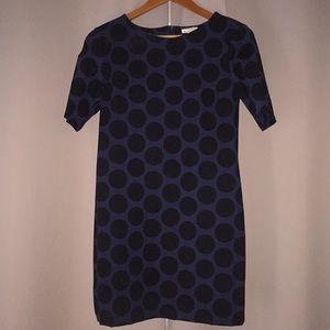 Navy and black polka dot sheath dress